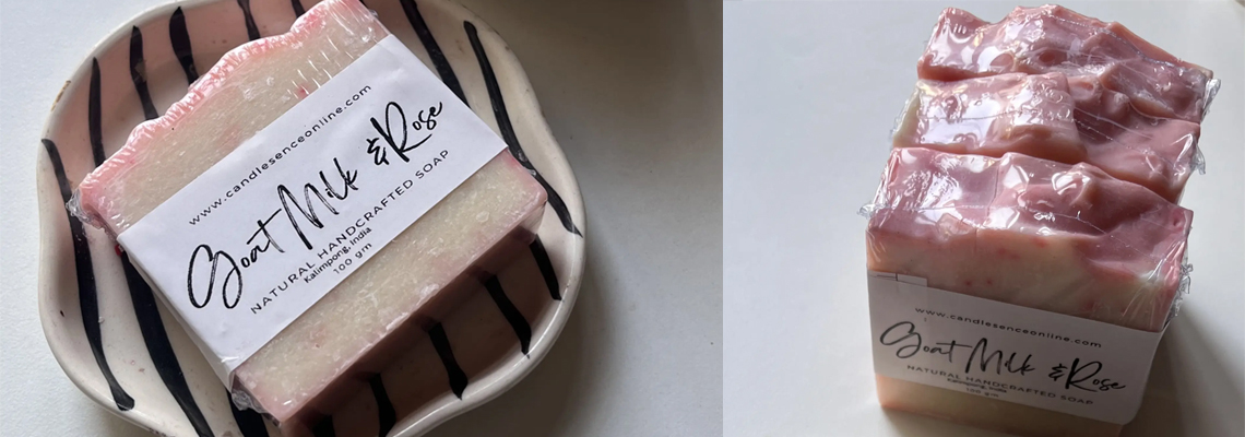 Handcrafted Goat Milk and Rose soap bars by Candlesence, made in Kalimpong. The image shows a single bar on a striped ceramic dish and a stack of three wrapped soaps, illustrating the journey from the hills to your shower.